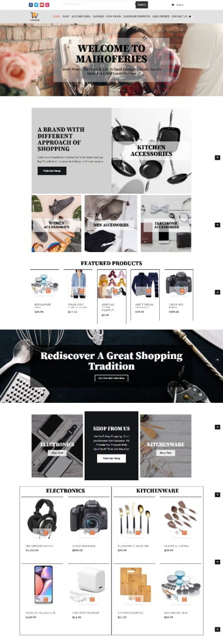 E-commerce website design offering a variety of kitchen accessories including cookware, utensils, and small appliances, presented in an organized and easy-to-use layout