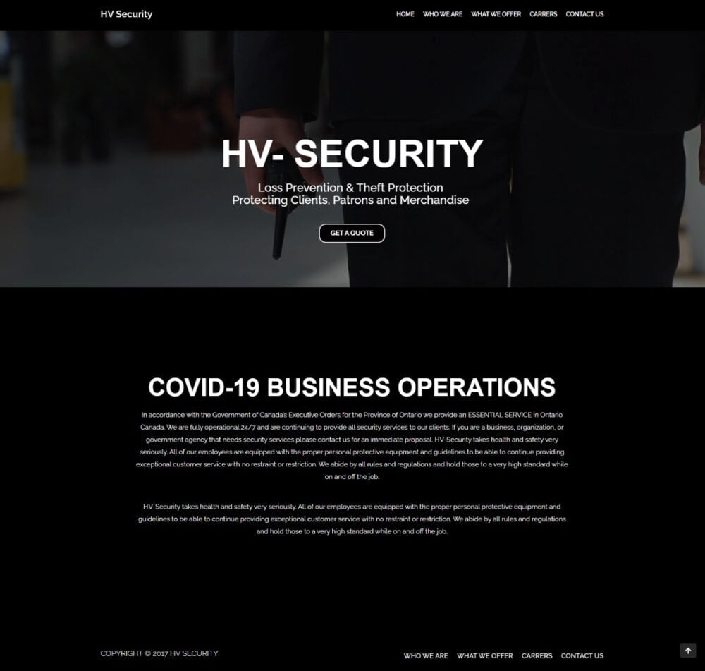 HV-security online business website, showing a sample