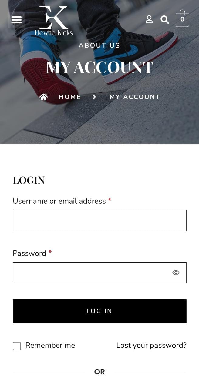 Login page of the elevate kicks website in mobile screen